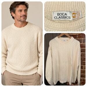 Vintage Boca Classics Men’s Large Cream Basketweave Knit Sweater Chunky 80s 90s